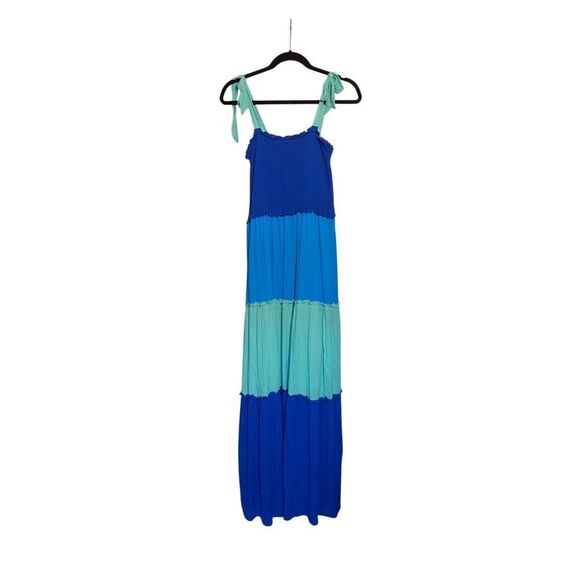 Bebop women’s blue and green color block, tiered, maxi dress size large - Picture 1 of 3